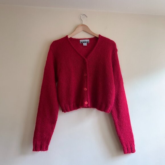 Reference Point Sweaters - VINTAGE Reference Point V-Neck Crop Cardigan Sweater RED Mohair Blend Size Large